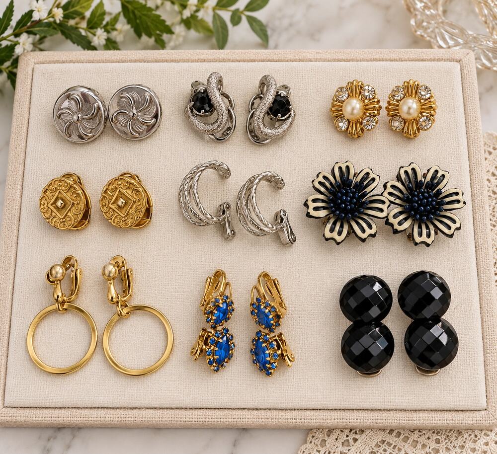 Vintage Clip On Earrings Lot Mixed Gold Silver Tone Floral Rhinestone 9 Pairs